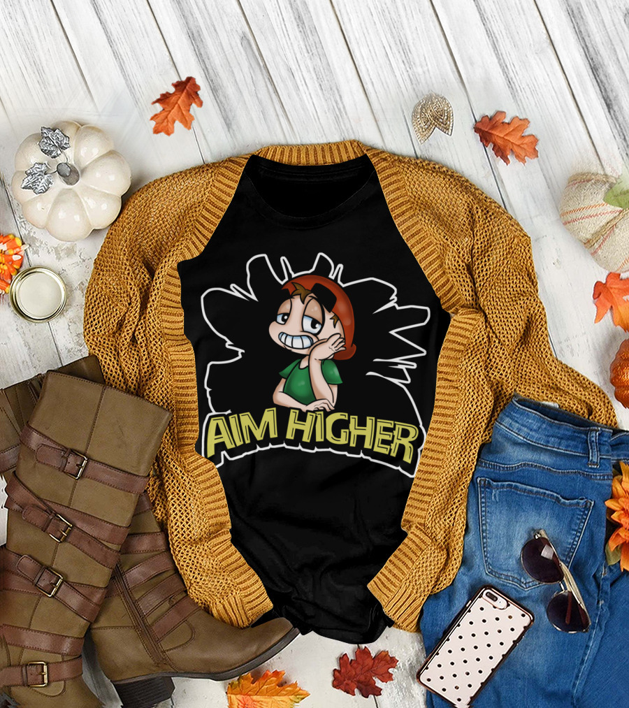 Aim Higher Cartoon Character with Green Shirt and Grinning Expression T-Shirt