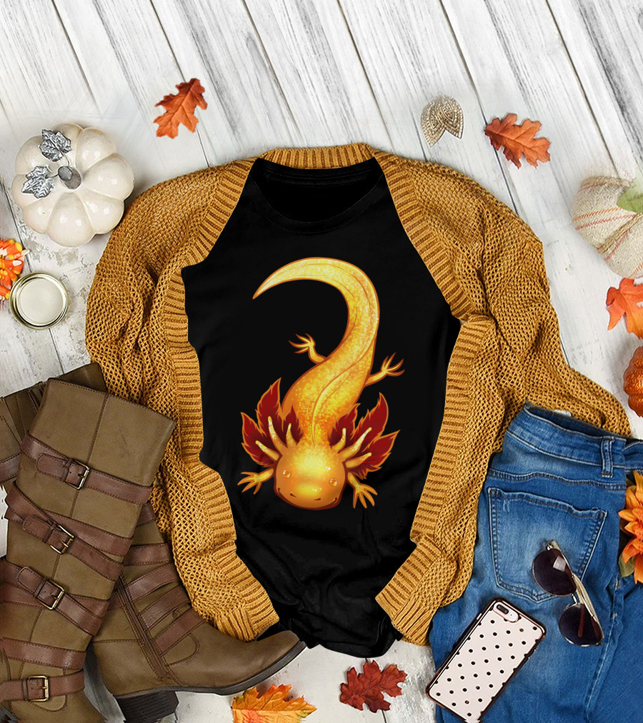 Golden Shimmering Albino Axolotl with Fiery Accents T-Shirt