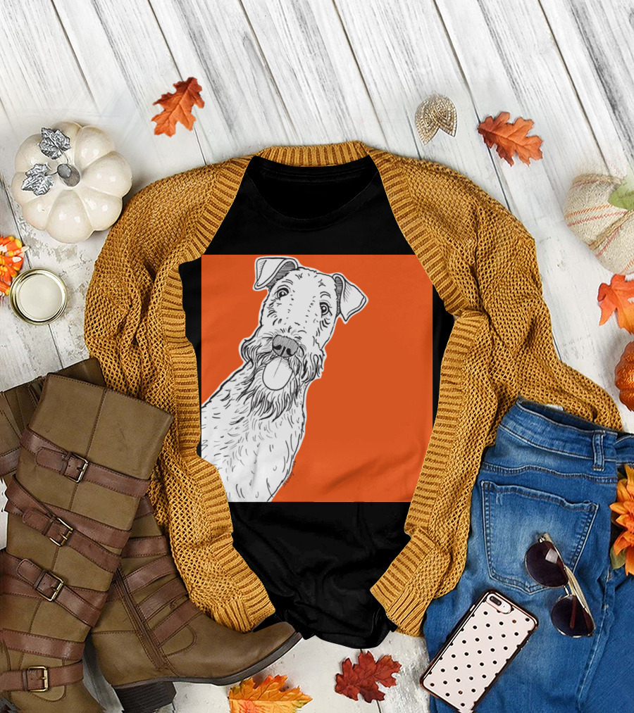 Airedale Dog Sketch on Vibrant Orange Background T-Shirt