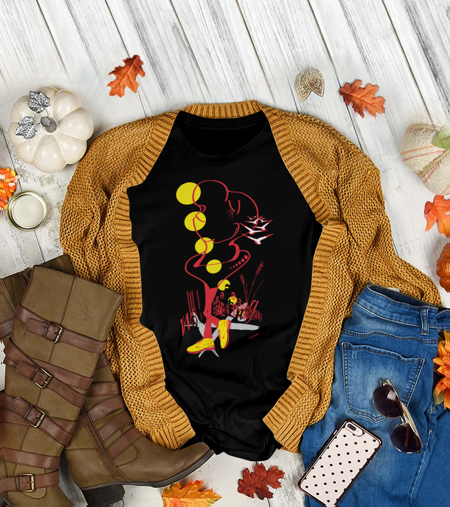 Walking Man Birds and Geometric Shapes T-Shirt