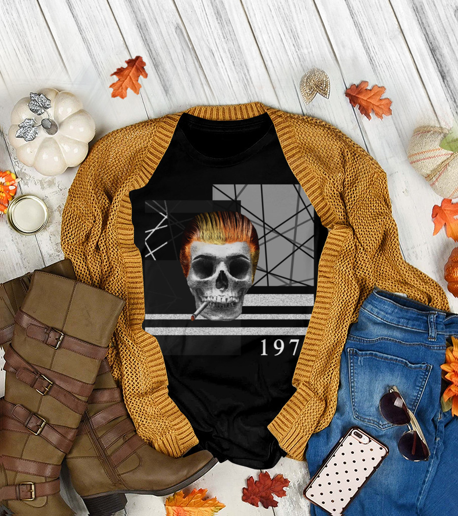 Cold Wave Man Skull with Cigarette and 1976 Retro Lines and Geometric T-Shirt