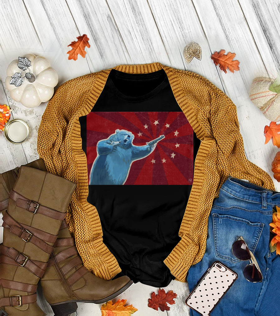 Bear With Gun and Stars on Red T-Shirt