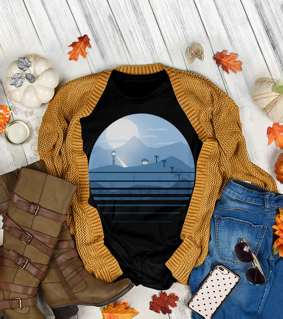 Snow Landscape Flat Lighthouse Mountains and Cable Lines Moonlit Scene T-Shirt