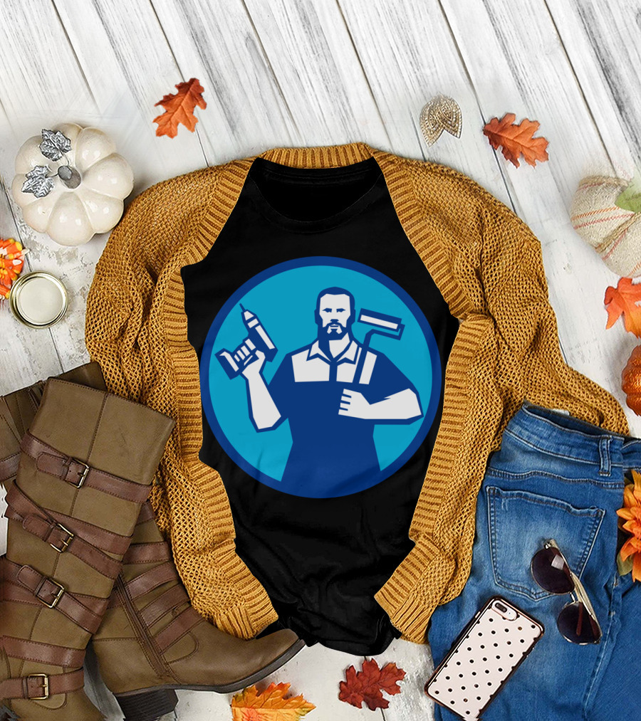 Bearded Handyman with Cordless Drill and Paintroller T-Shirt