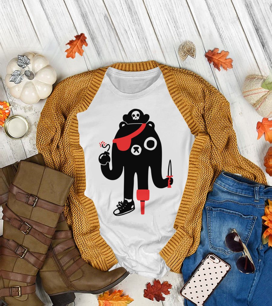 BeARRR Pirate Bear with Skull Hat Eyepatch Peg Leg and Dagger T-Shirt