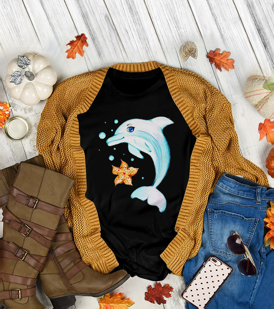 Watercolor Dolphin with Starfish and Bubbles T-Shirt