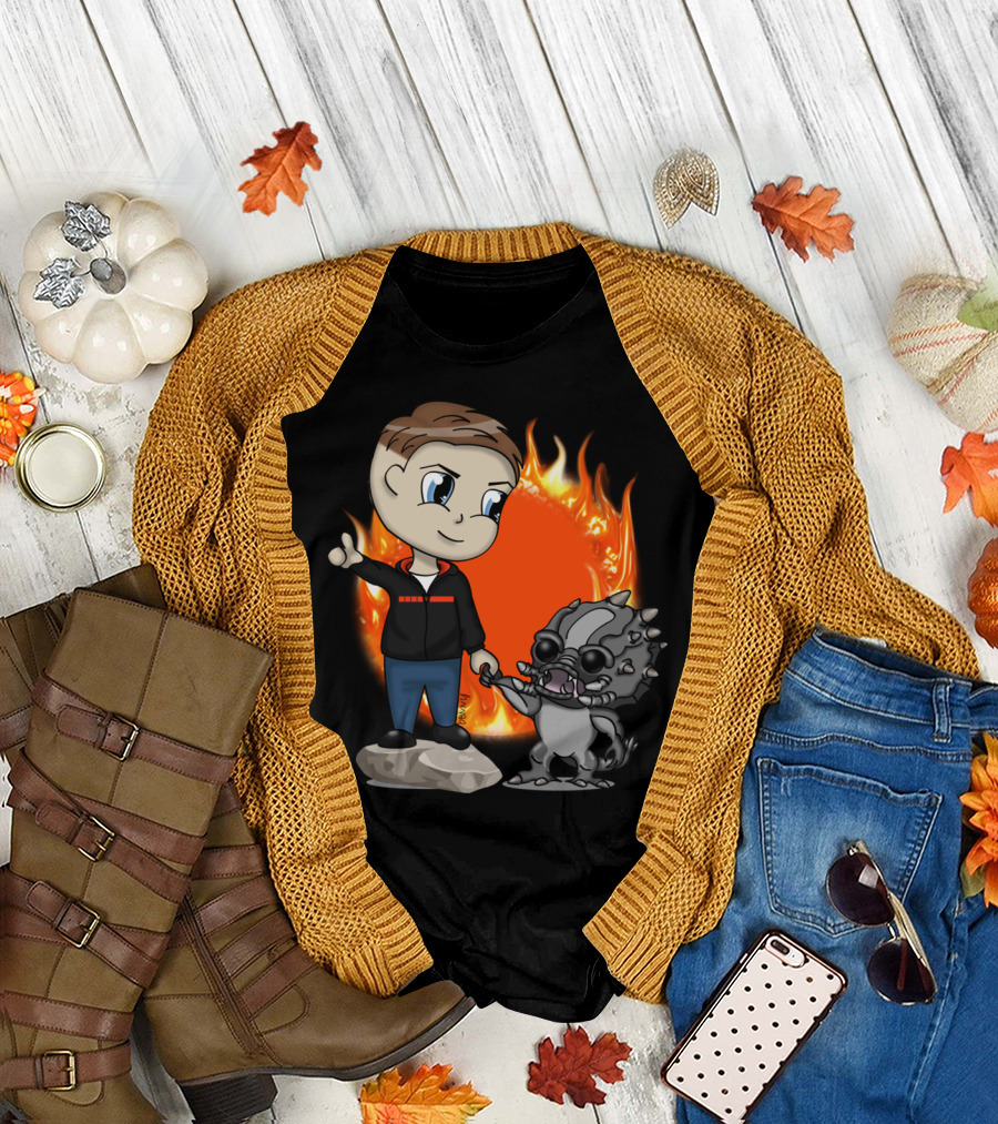 Goliath Love Print Chibi Character with Monster and Fiery Background T-Shirt