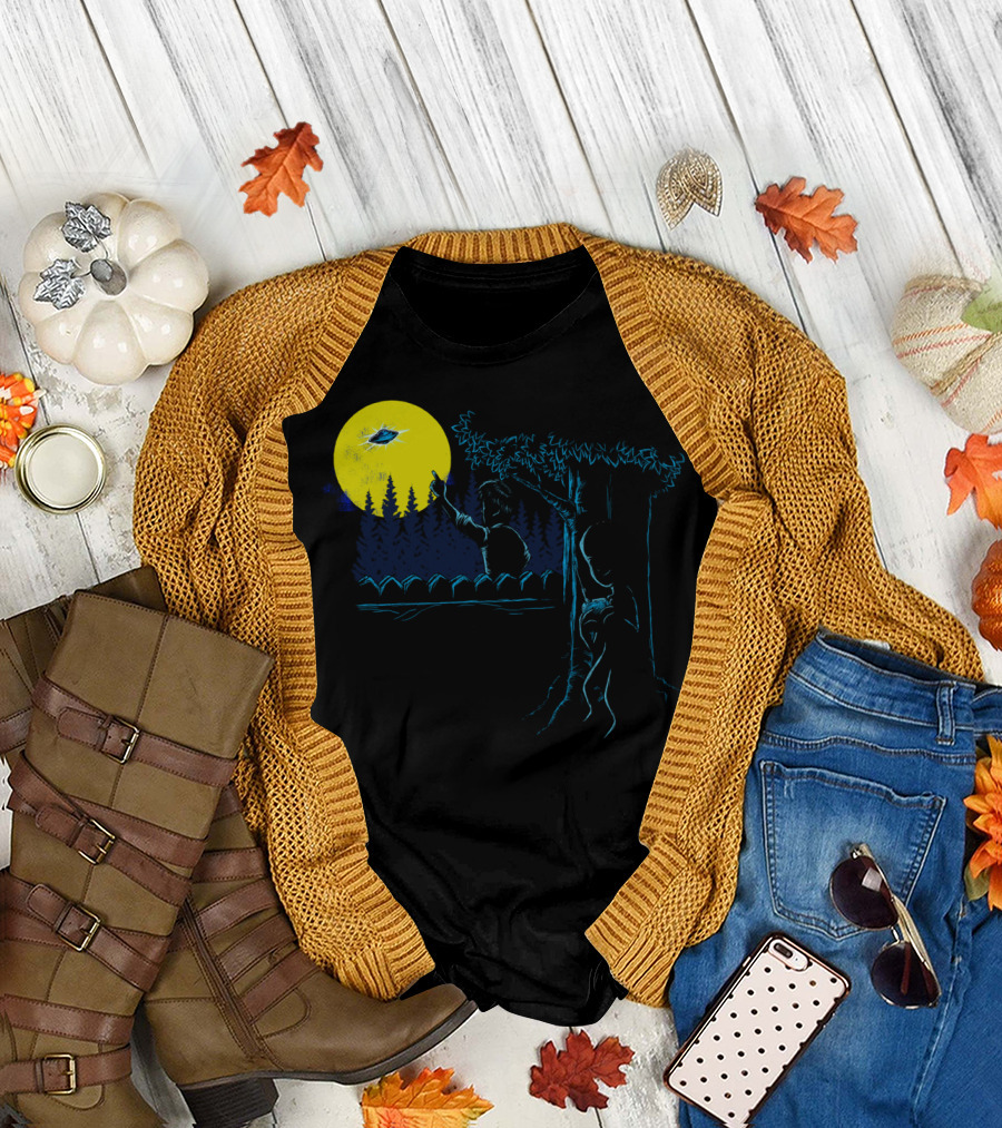 Alien Toy and Child Pointing at UFO by Moonlit Fence T-Shirt