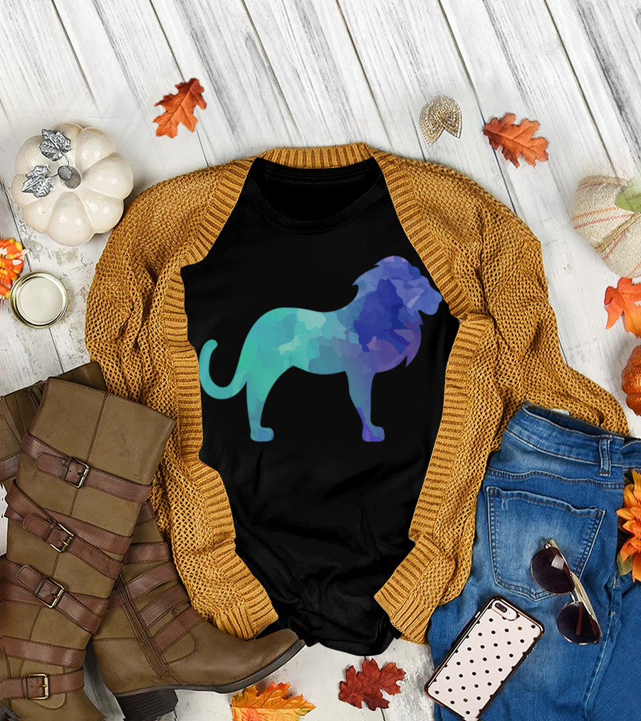 Watercolor Lion Silhouette in Blue and Green Tones T-Shirt