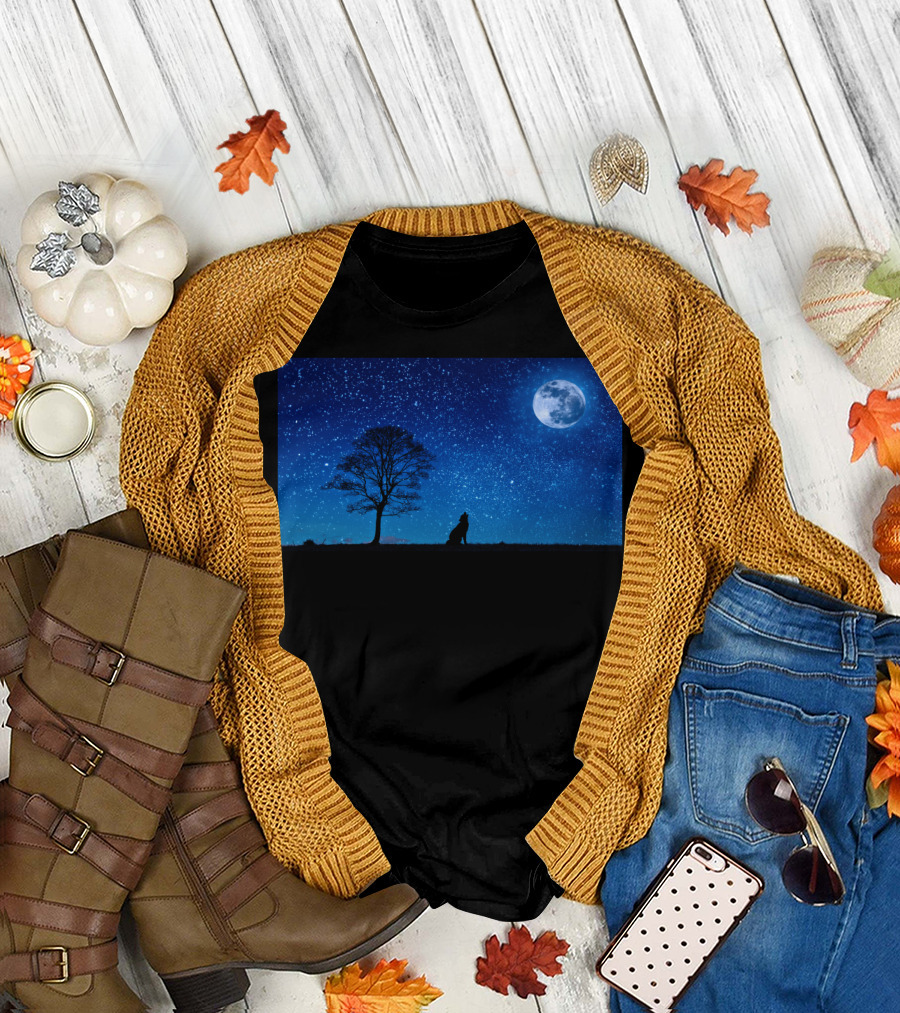 Howling Dog Under Starry Night Moon T-Shirt