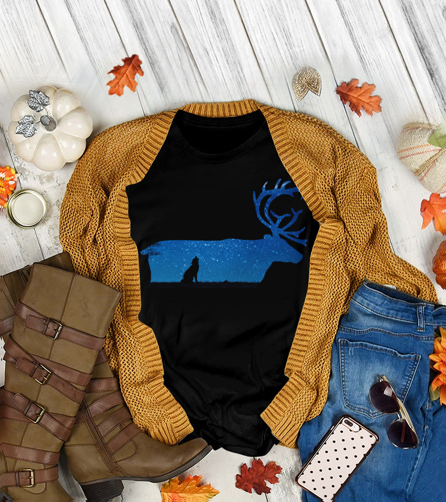 Howling Wolf Silhouette Within Starry Night Elk Background T-Shirt