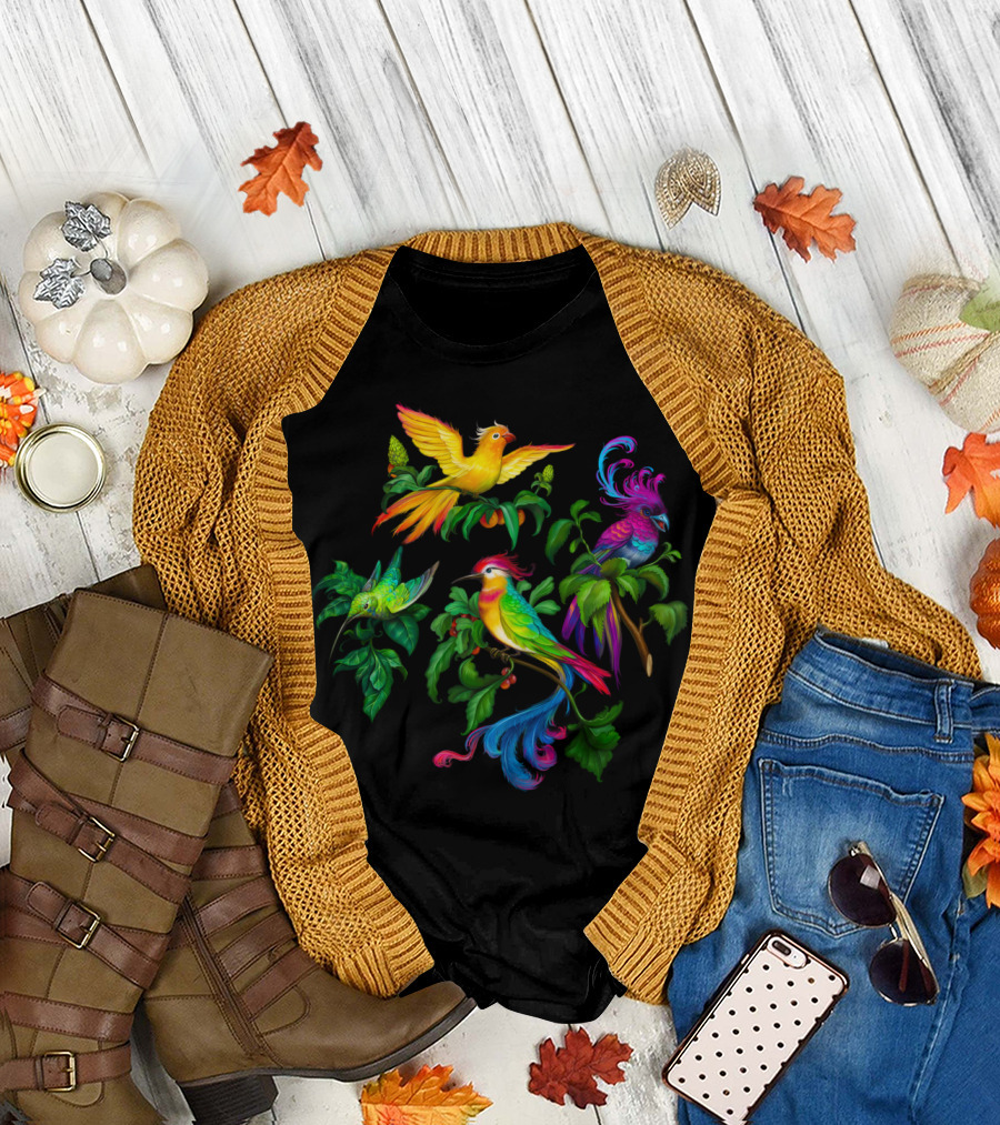 Beautiful Colorful Birdies Amongst Lush Foliage T-Shirt