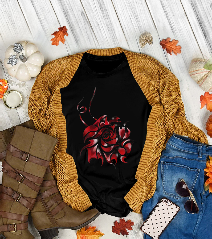 In Bloom In Red Black Abstract Rose T-Shirt