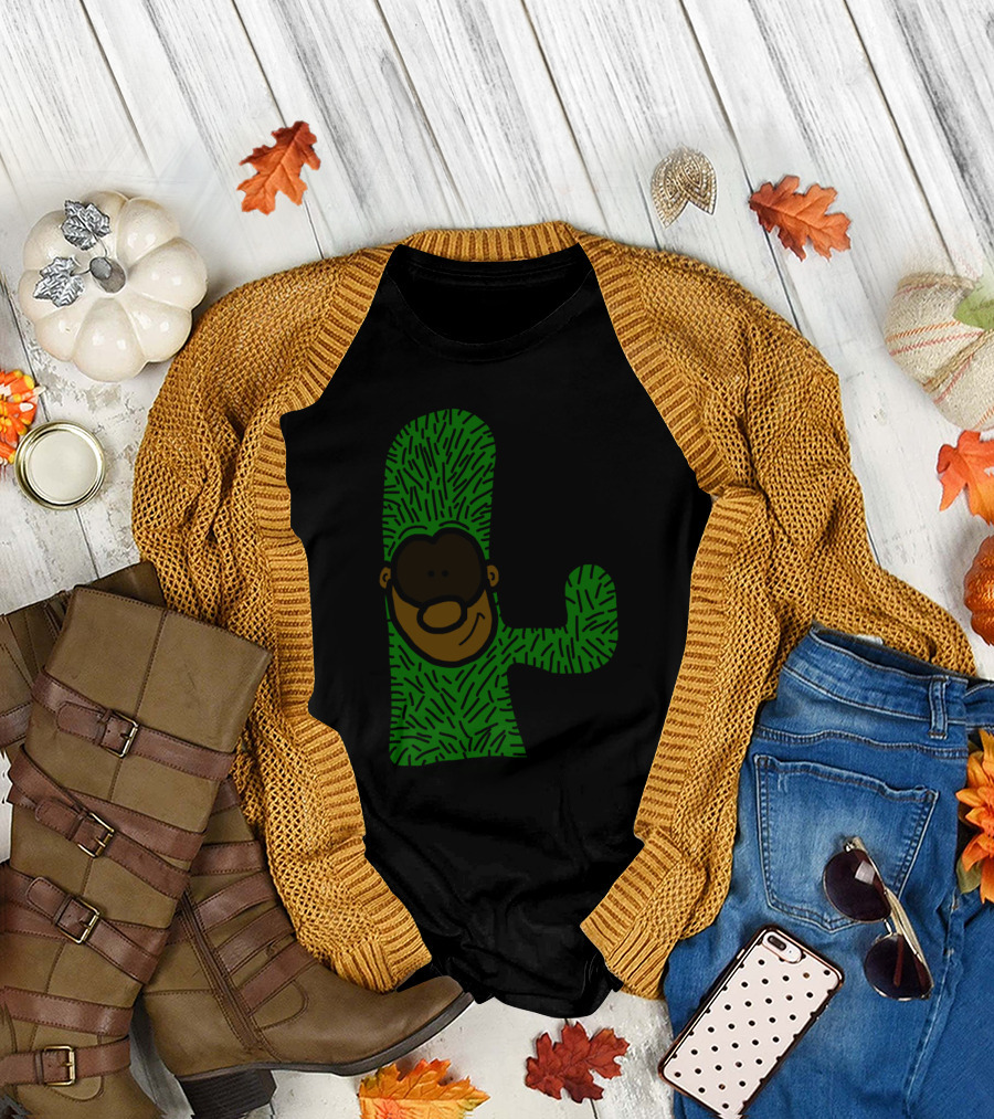 Cactus Guy Cartoon Character Green Fuzzy T-Shirt