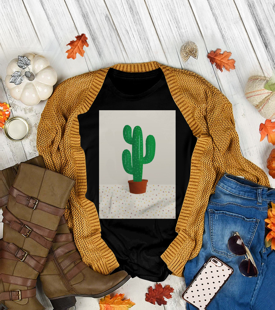Cactus Potted Plant with Triangular Pattern Background T-Shirt