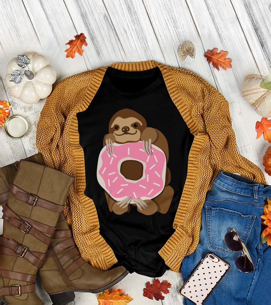 Sloth Hugging Pink Frosted Donut with Sprinkles T-Shirt