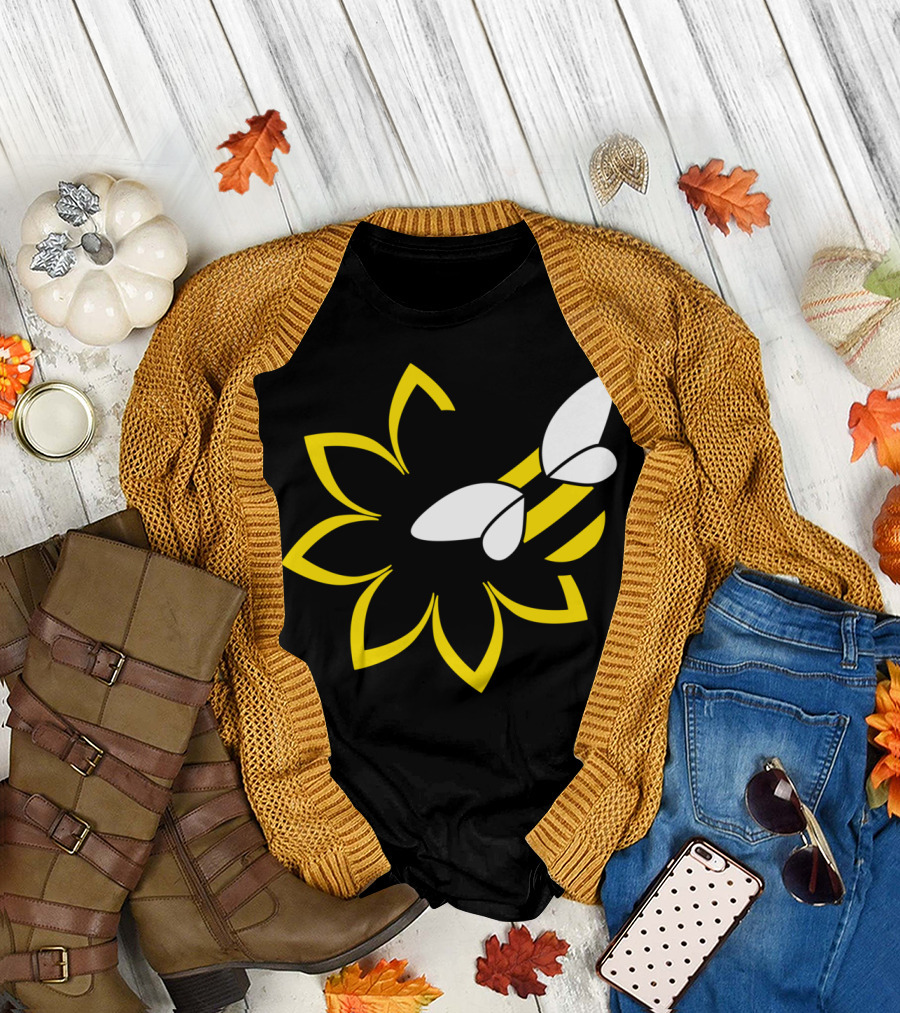 Bee On The Flower Yellow and Black Stripes White Wings Floral Outline T-Shirt