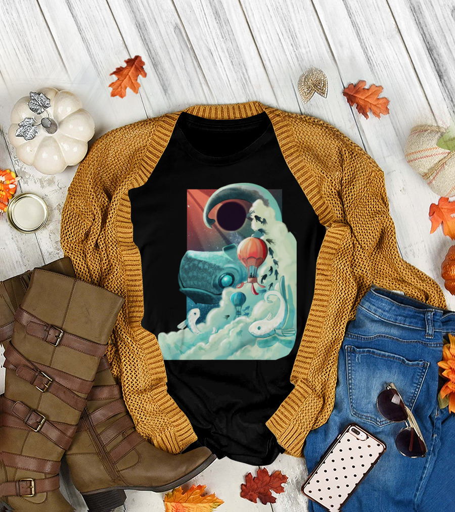 Space Oddity Surreal Cosmic Adventure with Dinosaurs and Hot Air Balloons T-Shirt