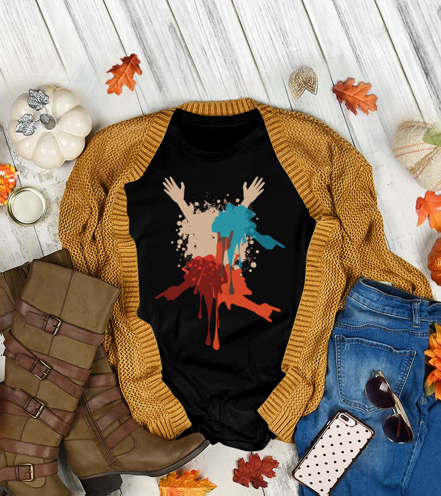 Colorful Splatter Hands and Gestures in Red and Blue T-Shirt