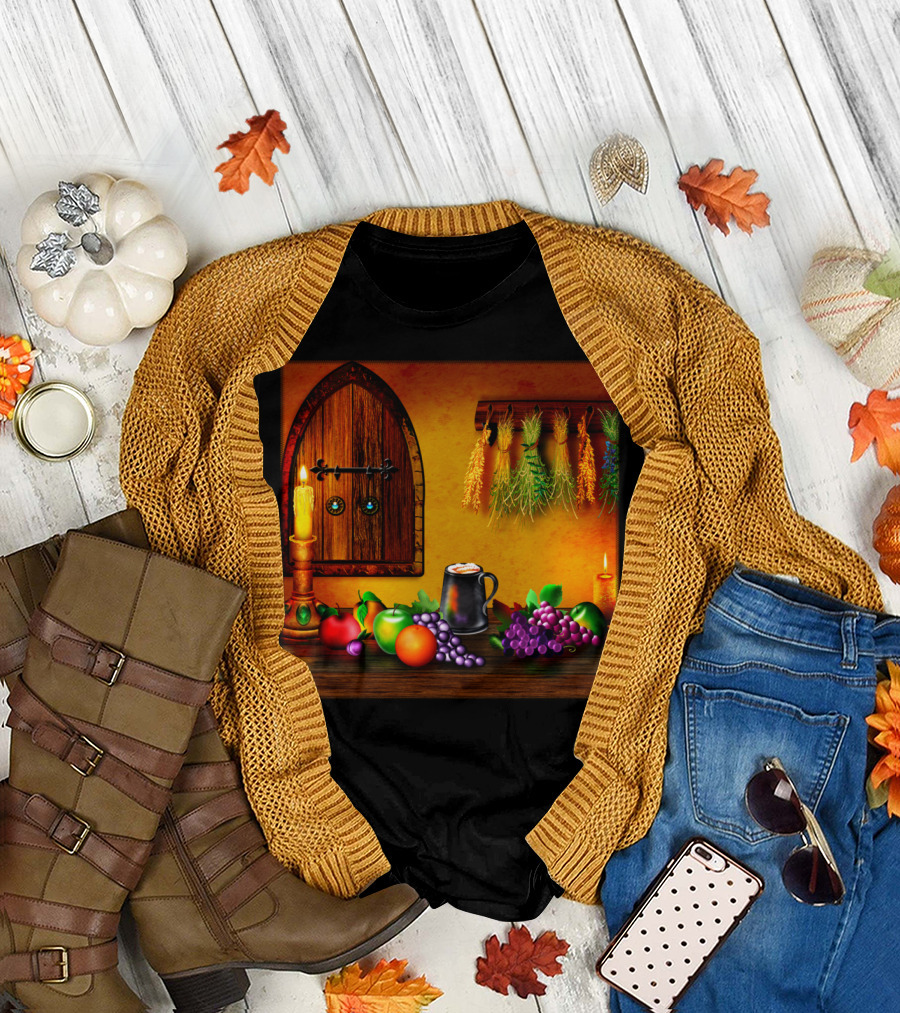 Fruit On The Table DreamE Rustic Candlelit Scene with Grapes and Herbs T-Shirt