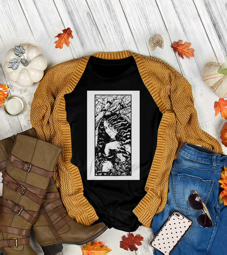 In November Art Prin Whimsical Character with Wavy Hair in Enchanted Forest Scene T-Shirt