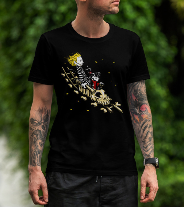 Calvydia Beetlehobbes Skull Ride On Bat-Infested Tracks T-Shirt