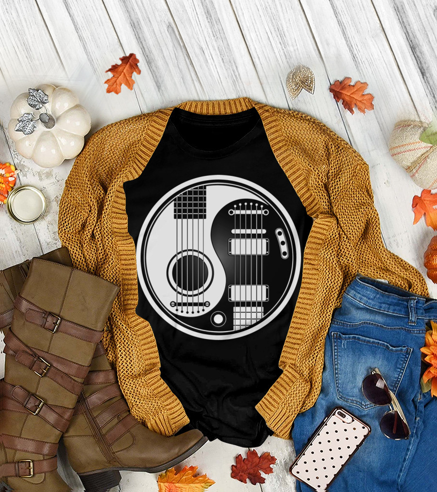 White and Black Acoustic Electric Guitars Yin Yang Circle T-Shirt