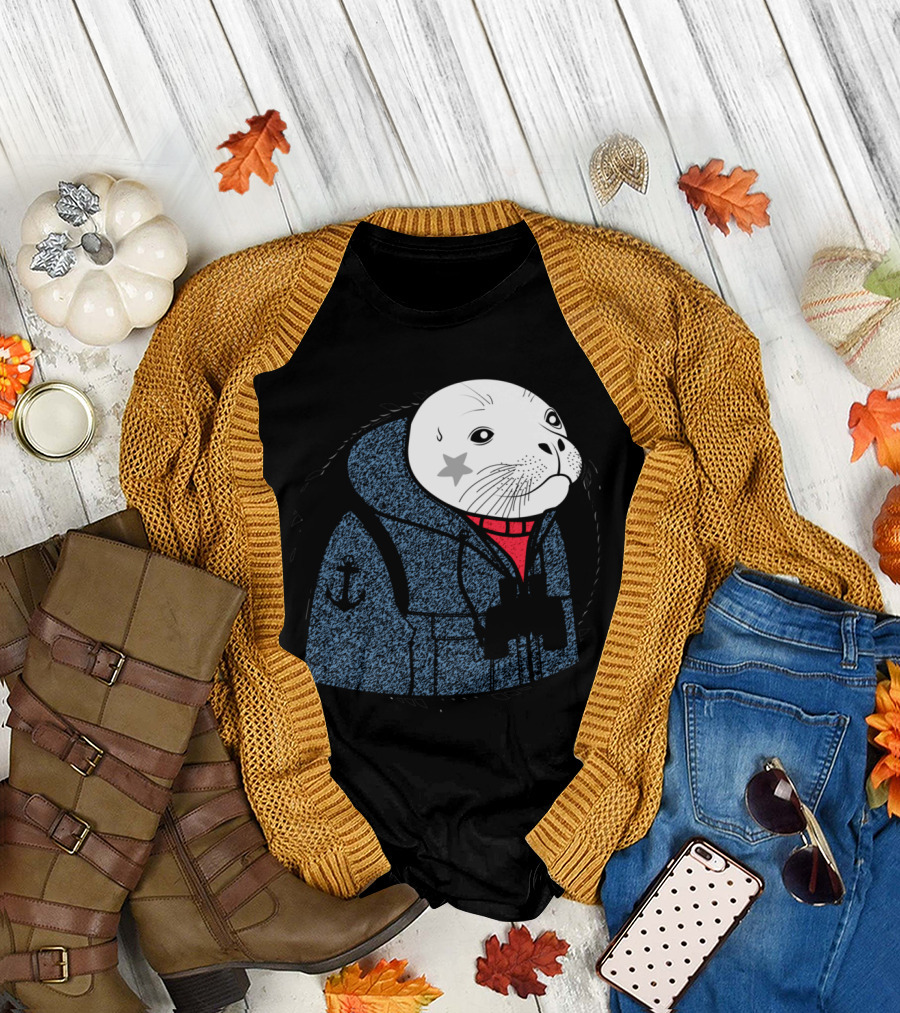 White Seal Maritime Sailor Cloaked in Nautical Attire with Star Marking T-Shirt