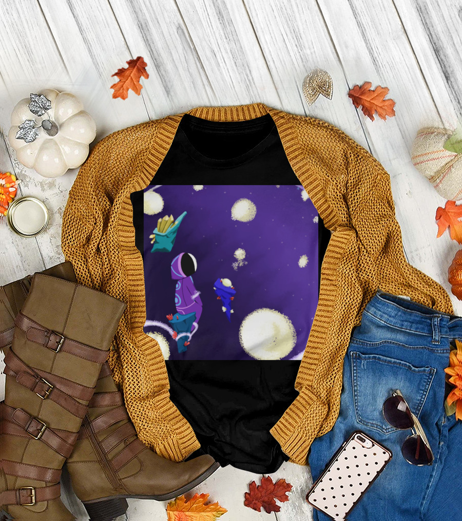In Space With Magic Astronaut and Floating Fries in Purple Cosmic Scene T-Shirt