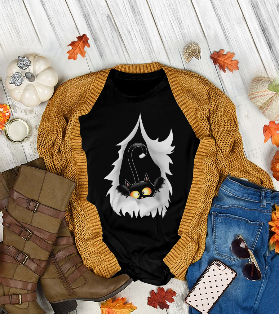 Fun Cartoon Cat Peeking Through Ripped Fabric T-Shirt