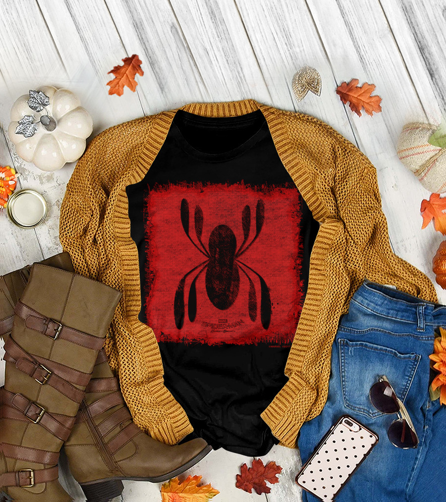 Spider Man Homecoming Homemade Patch Logo on Red Textured Fabric Background T-Shirt