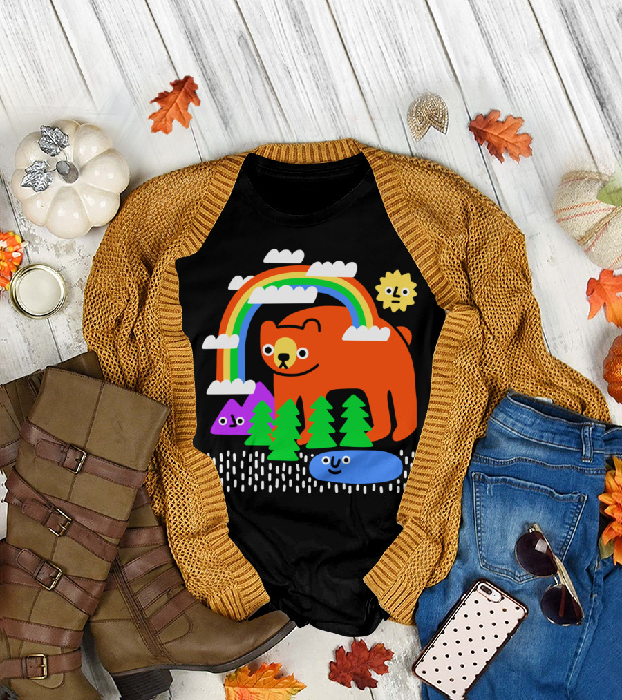 Funky Forest Bear with Rainbow and Happy Sun in Colorful Woodland Scene T-Shirt