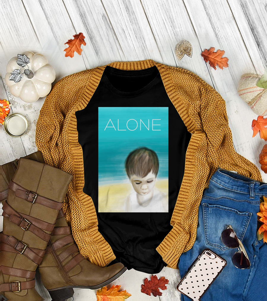 ALONE Child Illustration Beach Scene T-Shirt