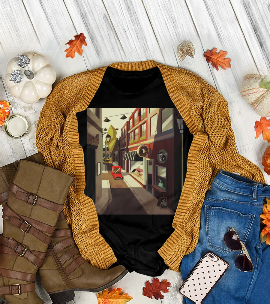 Donut Street City Alleyway with Bakery and Red Car T-Shirt