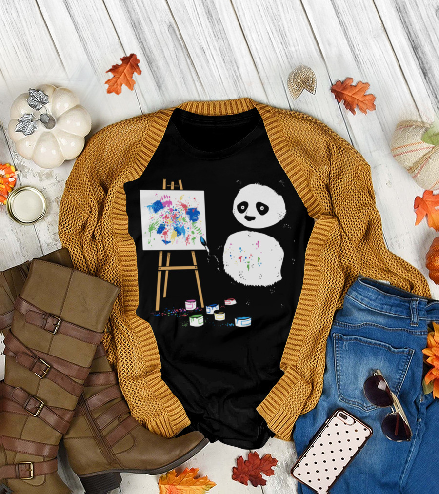 Pandas Paint Colorful Pictures with Brush and Canvas T-Shirt