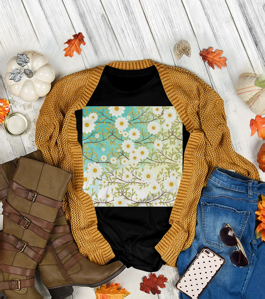 Springtime Scene Daisies and Branches on Green T-Shirt