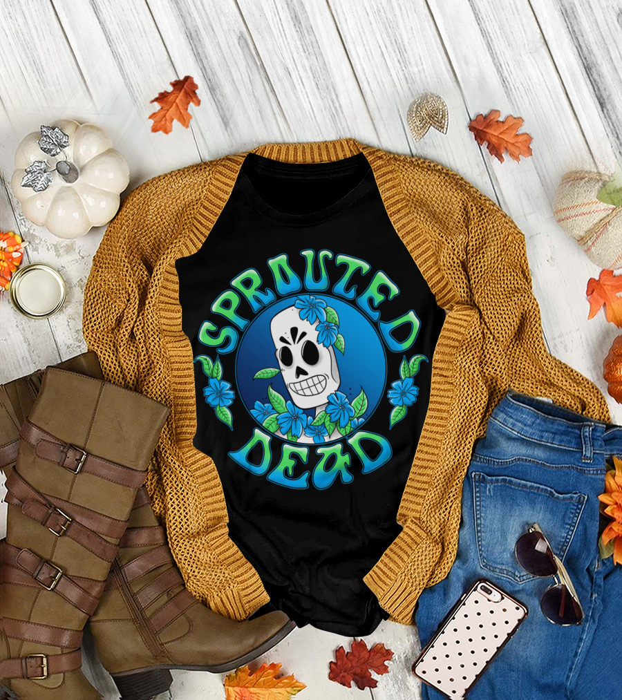 Sprouted Dead Skull with Blue Flowers and Leaves T-Shirt