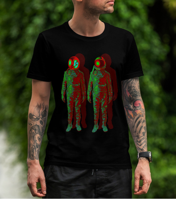 Red And Green Astronauts In The Shadow With Yin Yang Helmet Reflection T-Shirt