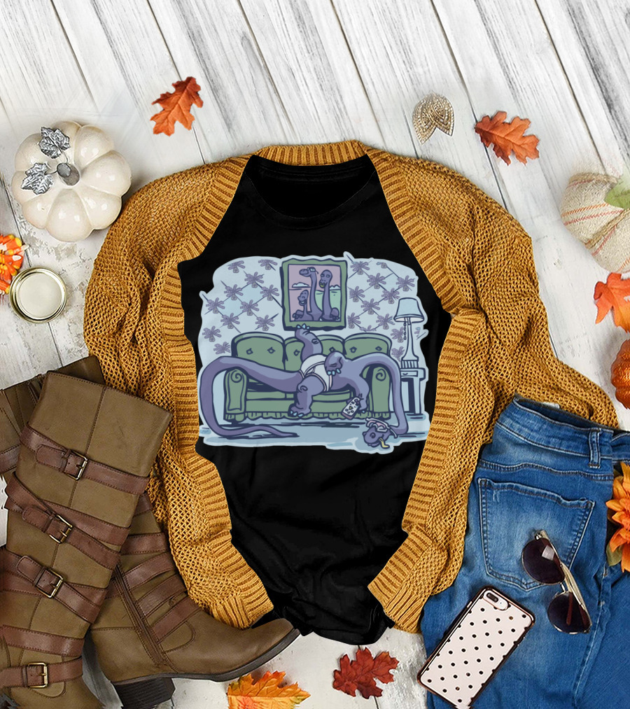 Papa Sore Ass Dinosaur Dad Relaxing on Couch with Baby Dinosaur and Picture Frame in Cozy Living Room T-Shirt