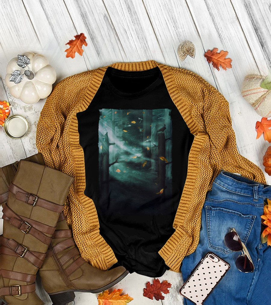 In The Woods Tonight Raven Forest Leaves T-Shirt