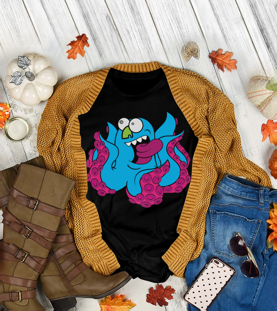 Squidly Cartoon Blue Octopus with Pink Tentacles T-Shirt