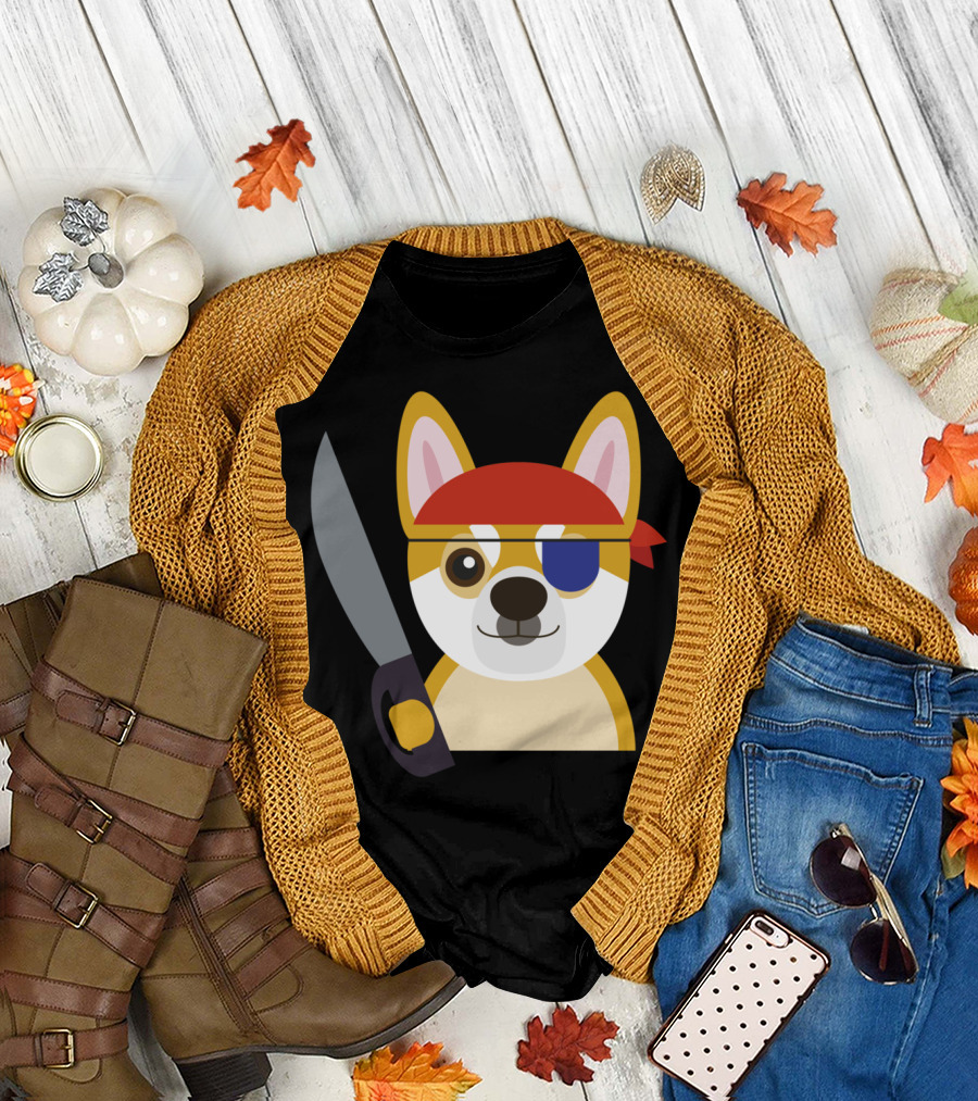 Captain Pirate Shiba Sword Bandana Eye Patch T-Shirt