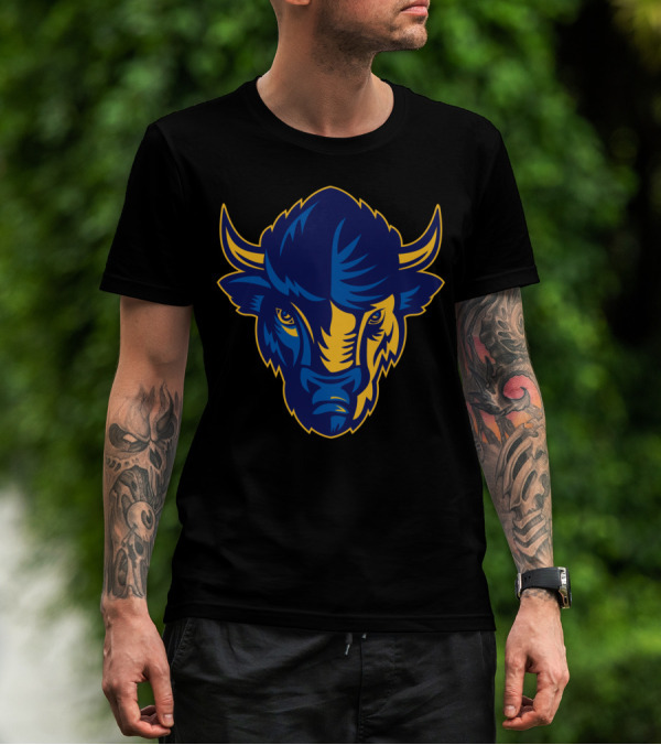 American Bison Head Blue And Yellow Sports T-Shirt