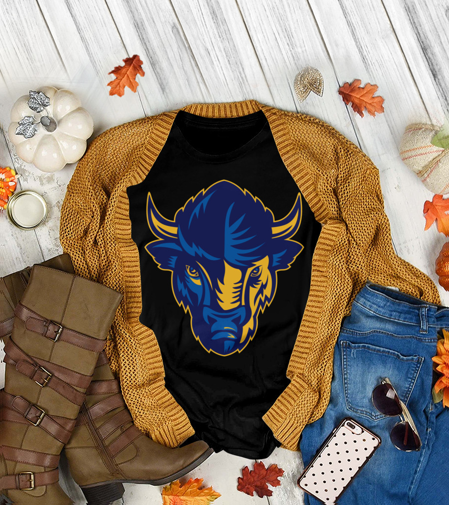 American Bison Head Blue and Yellow Sports T-Shirt