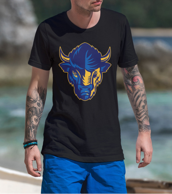 American Bison Head Blue And Yellow Sports T-Shirt