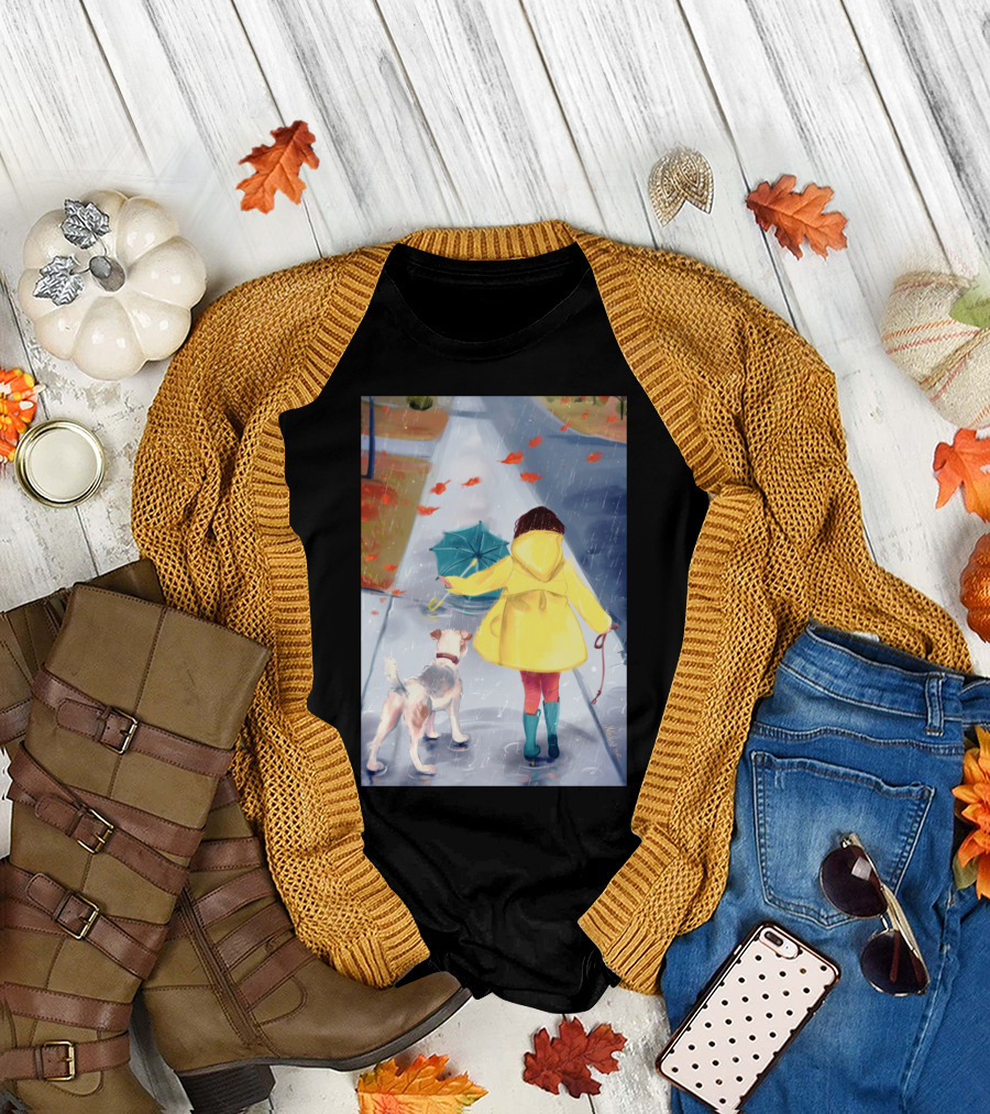 Rainy Walk with Dog and Yellow Raincoat Umbrella T-Shirt