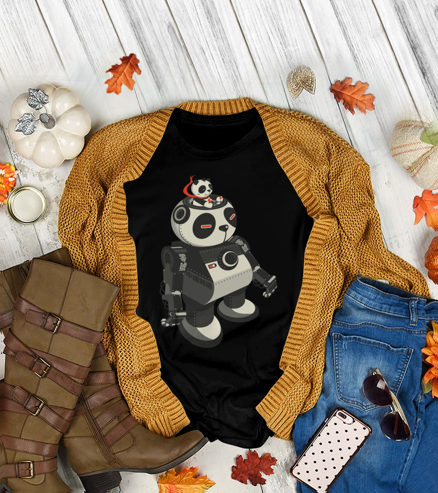 Mecha Panda Robot with Pilot Panda and Chinese Characters T-Shirt