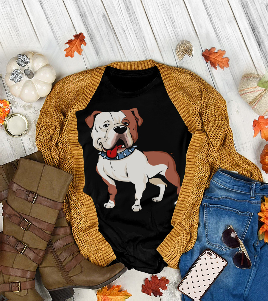 American Bulldog Character with Spiked Collar Cartoon T-Shirt