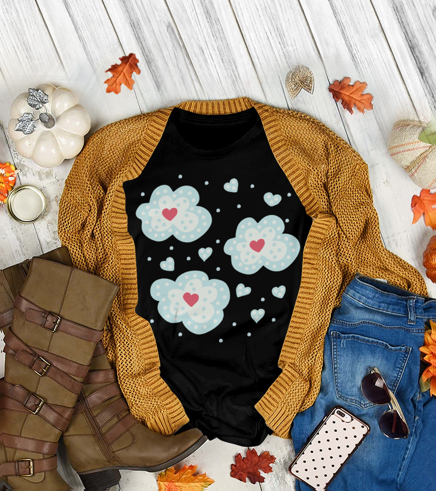 Winter Hearts Snowy Clouds Pattern With Red Hearts T-Shirt
