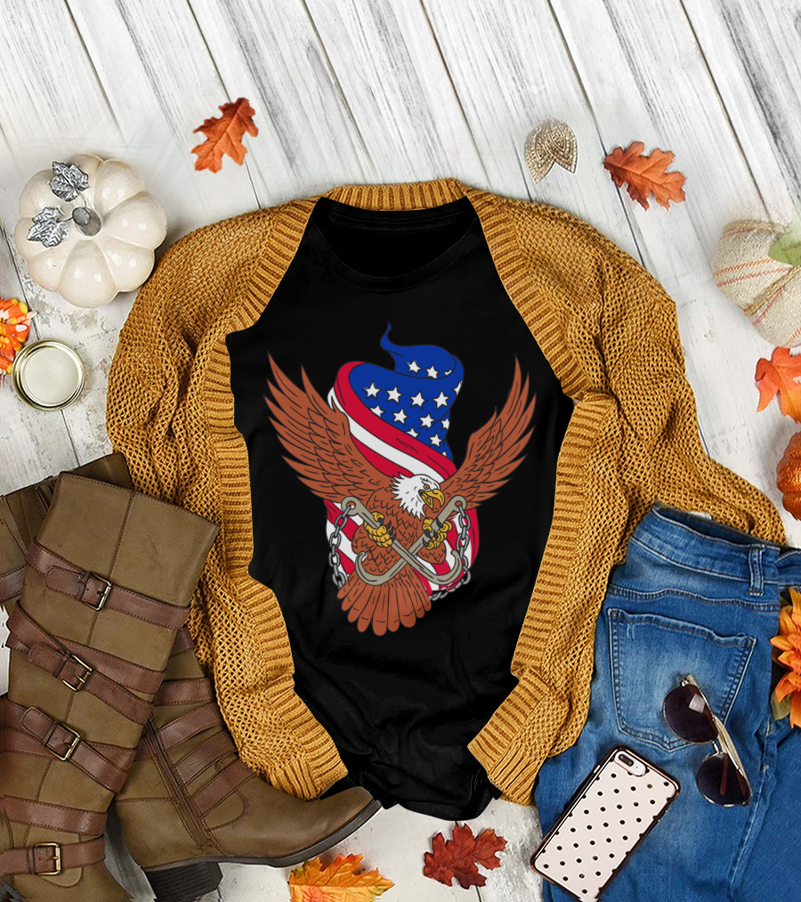 American Eagle with USA Flag and Motorcycle Chain T-Shirt